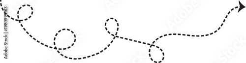 Long Dotted and Dashed Line Arrow Vector. Black dotted line isolated on png background. Dotted Line Curly Arrow featuring a long dashed path. Decorative Border and Design Element Illustration
