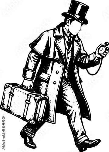 Black and White Vintage Vector Illustration of Elegant Man in Top Hat Walking with Suitcase and Pocket Watch