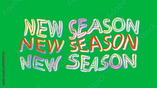 Animation of colorful, moving and glowing new season text on white background