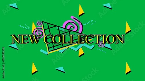 Animation of new collection text in yellow letters and colorful graphics on white background