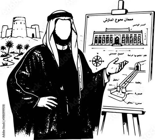 Black and White Vector Illustration of Arab Man in Traditional Thobe Presenting Building Project on Easel Board