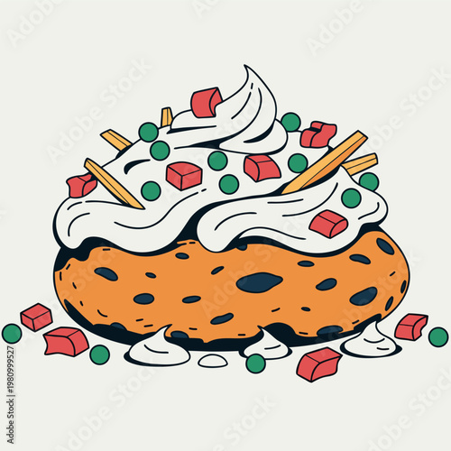 a cream-topped cookie dessert with colorful toppings