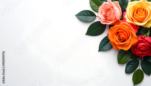 A vibrant arrangement of colorful roses with lush green leaves is displayed on a clean white background.