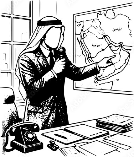 Black and White Vector Illustration of Arab Man in Thobe Standing by Window Looking at Ships in Harbor