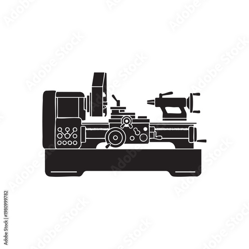 Metal lathe machine silhouette icon representing precision engineering tools and manual turning equipment used in metalworking workshops and industrial manufacturing facilities for part fabrication.