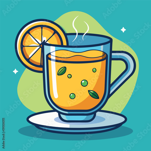 A colorful vector illustration of a glass mug filled with fresh citrus juice