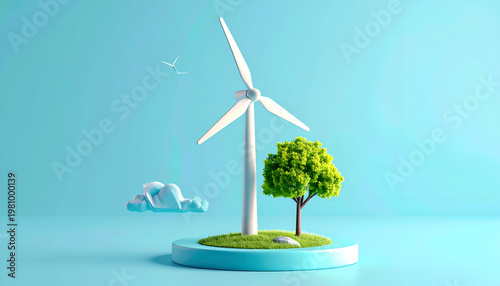 A minimalist 3D rendering depicts a wind turbine and a small tree on a circular platform against a serene blue backdrop.