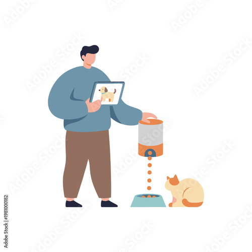 Person Feeding Cat With Smart Feeder And Tablet.