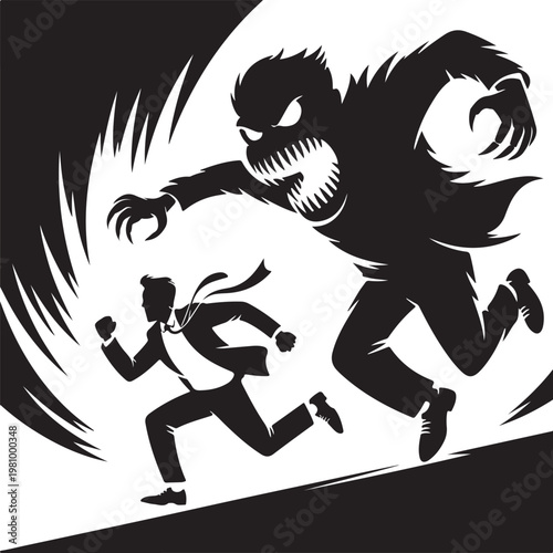 Metaphor of Workplace Stress and Fear with Monster Chasing Man