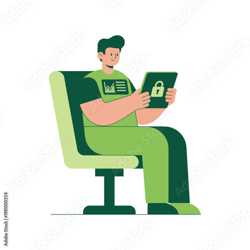 Man sits in green chair using laptop and tablet device.