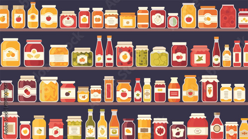 Pixel art illustration of organized wooden pantry shelves containing various glass jars of fruit jams and pickled vegetables.