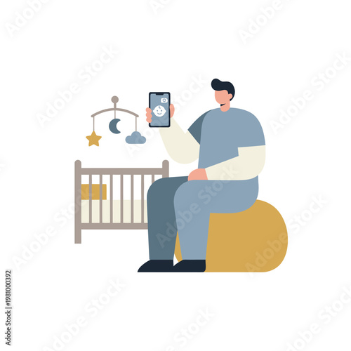Parent Sitting Beside a Crib in Nursery Using Tablet.