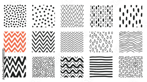Set of hand-drawn minimalist black and white patterns including polka dots, zigzags, and wavy lines with one orange chevron.