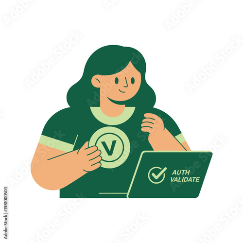Female user using laptop displaying authentication badge.