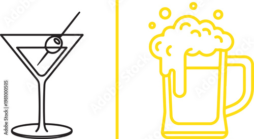 Martini glass with olive and beer mug with foam minimalist line art vector illustration for bar menu