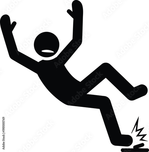 Black silhouette of a person falling, with arms outstretched and one leg extended, signifying an accident or mishap.