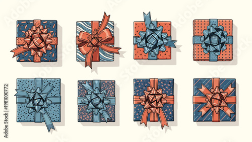 Top view of various decorative square gift boxes wrapped in textured paper and adorned with large ornate blue and orange bows.