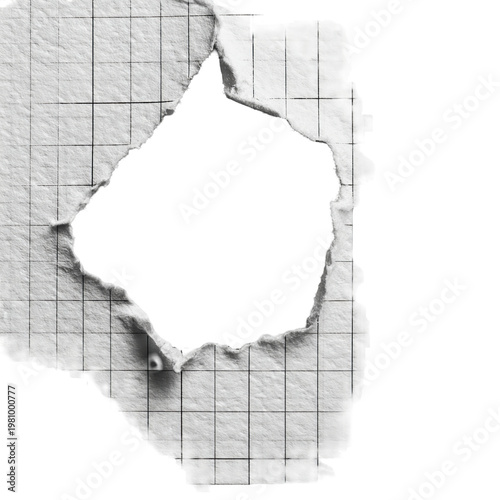 Torn grid paper with a large, irregular hole, isolated against a black background