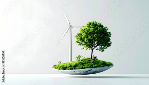 A surreal and artistic depiction showcases a vibrant green tree and a modern wind turbine gracefully positioned atop a floating island against a minimalist white backdrop.