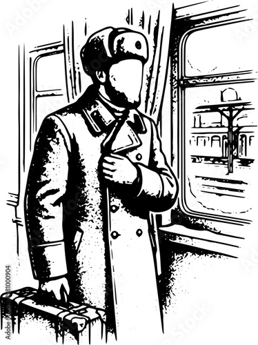 Black and White Vintage Vector Illustration of Man in Military Style Coat and Cap Standing by Train Window with Luggage