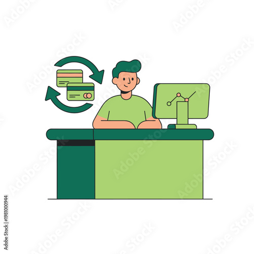Businessperson at desk with computer and transactions.