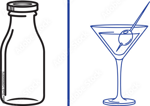 Minimalist line art vector illustration of a bottle and a martini glass for lifestyle comparison