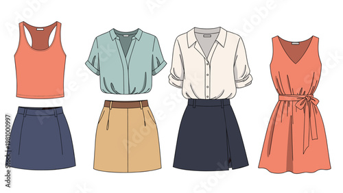 Collection of women's fashion outfits including a crop top, blouses, skirts, and a summer dress in pastel and navy colors.