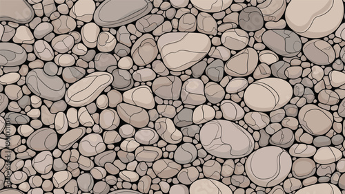 Seamless pattern texture of many smooth river stones and pebbles in various earthy shades of beige and brown.