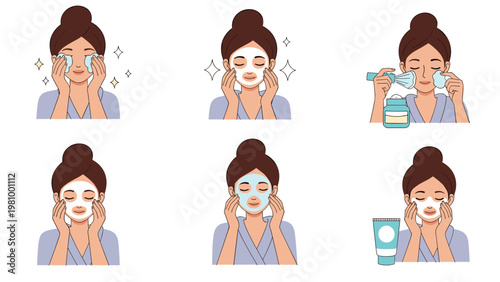 Young woman demonstrating a multi-step facial skincare routine including cleaning and applying various beauty masks.