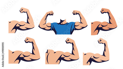 Various illustrations of strong muscular flexed arms and one male torso showing biceps to represent fitness and bodybuilding.