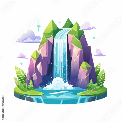 Vibrant cartoon illustration of a majestic waterfall descending colorful mountains, embodying tranquil nature