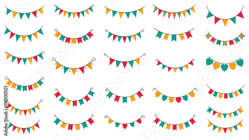 Large assortment of festive colorful bunting garlands and party flags in various patterns for celebrations and events.
