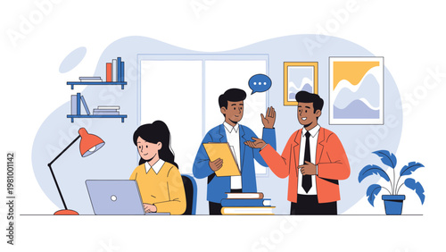 Group of colleagues collaborating in a modern office environment with laptops and bookshelves in the background.