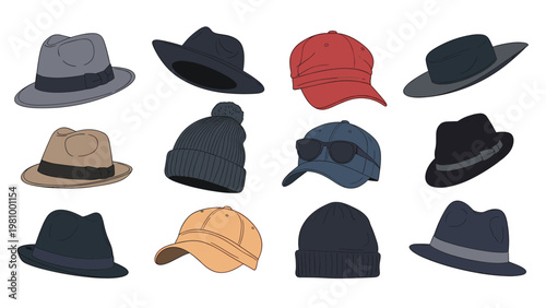 Collection of various hat styles including fedoras, beanies, and baseball caps in different colors like grey, black, and red.