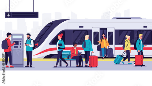 People with luggage waiting on a platform next to a modern high-speed passenger train at a city station.