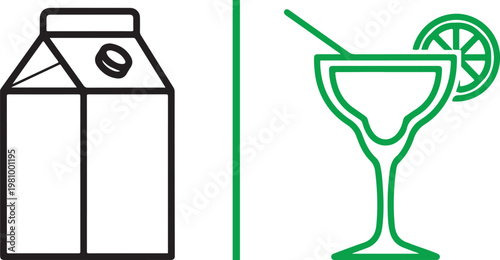 Minimalist vector icons of a beverage carton and a cocktail glass with lime and straw for drink comparison or menu design