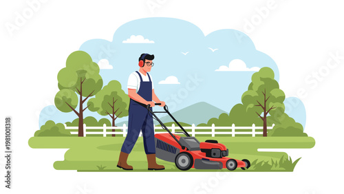 Man wearing hearing protection and overalls mowing a lush green lawn with a red lawnmower in a suburban garden.