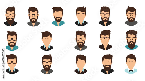 Set of male avatars with various hairstyles, beards, and glasses representing different character personalities and styles.