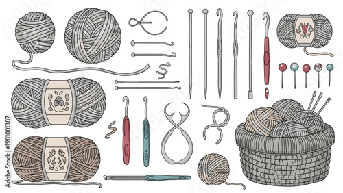 Collection of knitting and crochet supplies including balls of yarn, needles, hooks, pins, and a woven basket.