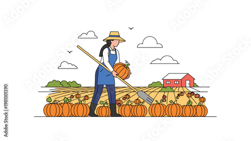 Farmer in a straw hat harvesting large orange pumpkins in a field with a red barn in the background.