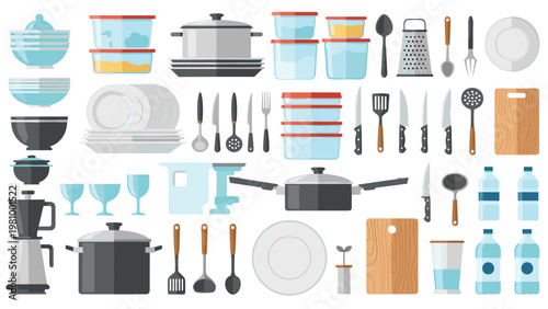 Comprehensive set of various kitchen tools and cookware including pots and pans along with utensils and storage containers.