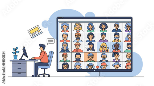 Modern remote work concept showing a man at his office desk participating in a large group video conference on a monitor.