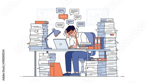 Stressed and exhausted businessman sitting at a messy desk overwhelmed by massive stacks of paperwork and heavy workload.