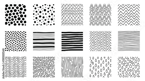 Extensive collection of fifteen diverse hand drawn black and white seamless patterns featuring dots lines and artistic textures.