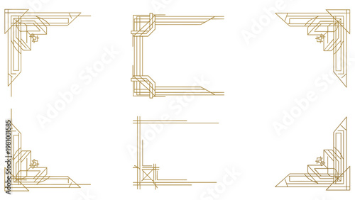 Set of elegant and sophisticated gold art deco style corner frames ideal for invitations and luxury graphic design projects.