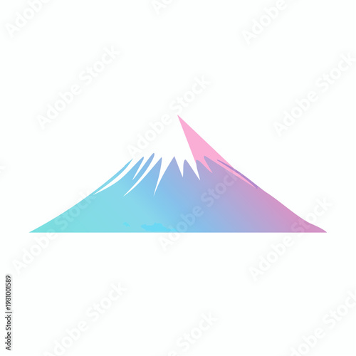 A stylized, minimalist representation of a snow-capped mountain range with a gradient of soft blue and pink hues, set against a clean white background