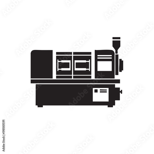 Plastic injection molding machine silhouette for industrial manufacturing processes vector illustration isolated on white background heavy duty factory equipment for polymer product fabrication.