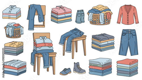 Comprehensive collection of organized and laundry related items including folded clothes stacks and full baskets.