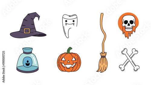 Whimsical collection of magic and Halloween themed icons including a witch's hat carved pumpkin and a spooky melting skull.