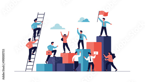 Business success and goal achievement concept showing a diverse group of people climbing up and standing on a large bar graph.